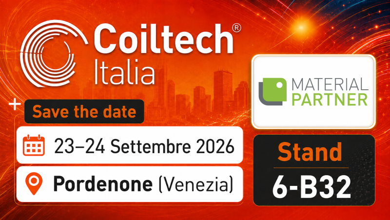 Coiltech Italia banner: Save the date, 23-24 Settembre 2026, Pordenone (Venezia), MaterialPartner at stand 6-B32