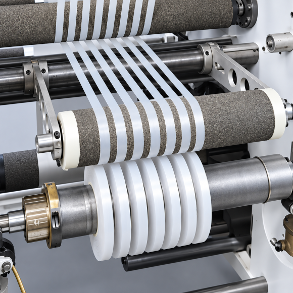 Close-up of an industrial slitting process with multiple narrow material strips running in parallel through guide rollers and being rewound into individual rolls.