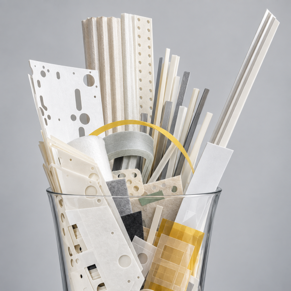 Assortment of precisely cut, punched, and formed electrical insulation materials, including sheets, strips, tapes, profiles, and custom-shaped components.