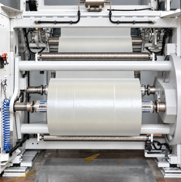 Industrial laminating machine guiding a wide material web through multiple rollers and winding it into a large white finished roll.