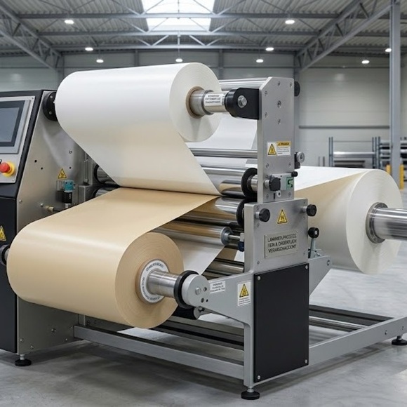 Laminating machine processing white and beige material webs in a production hall