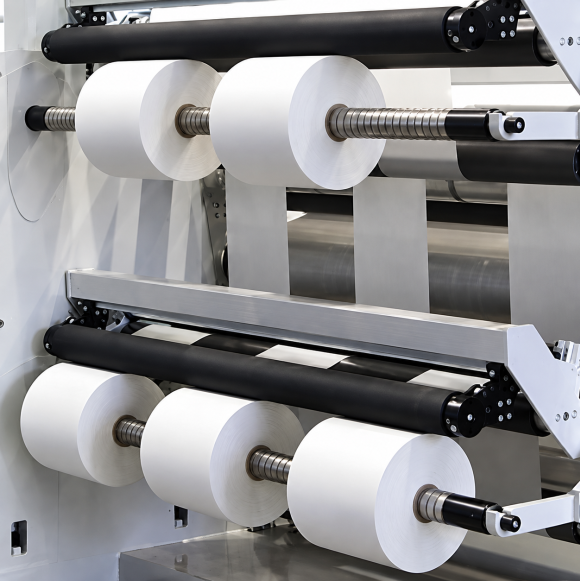 Industrial slitting and rewinding machine producing several narrow rolls from a wider material web, with multiple rolls mounted on separate winding shafts.