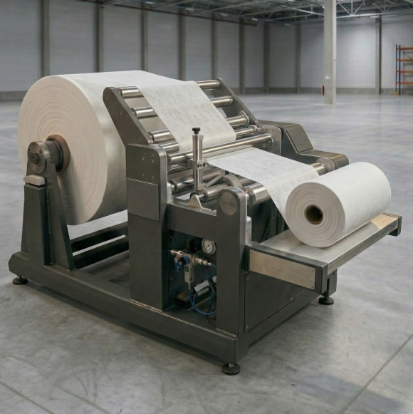 Rewinding machine transferring a wide white web from a large roll onto a smaller one