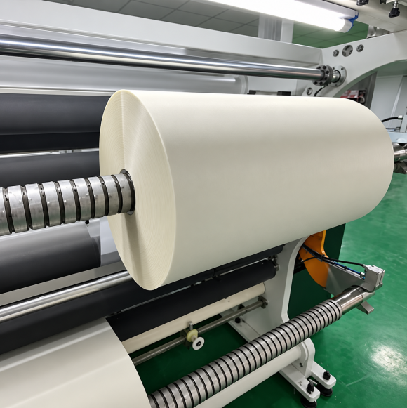 Large roll of technical sheet material mounted on the shaft of an industrial rewinding machine for controlled winding and roll conversion.