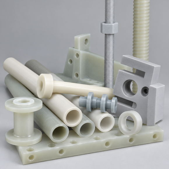 Collection of machined components made from technical plastics and composite insulation materials, including tubes, spacers, threaded parts, plates, rings, and custom profiles.