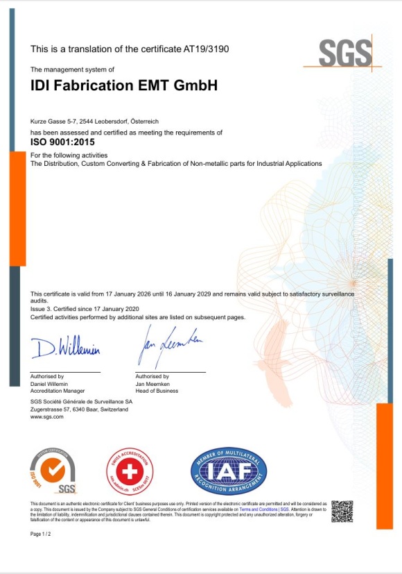 SGS certificate ISO 9001:2015 for IDI Fabrication EMT GmbH, Leobersdorf
