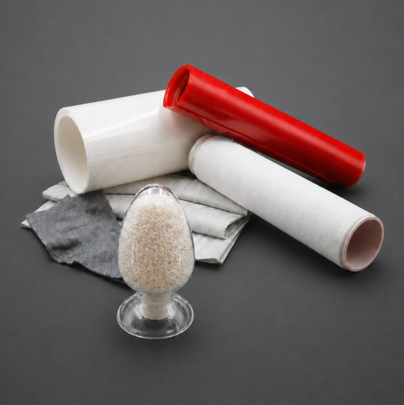 White and red film rolls, gray nonwoven fabric and a glass dish of polyester chips