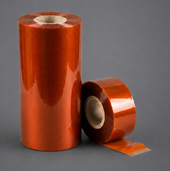 Two rolls of orange coated film, one standing and one lying