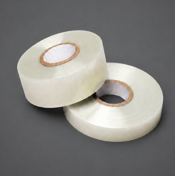Two rolls of translucent heat-shrinkable tape on cardboard cores