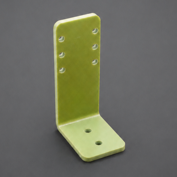Molded L-shaped bracket in light green glass-fibre composite with drilled holes