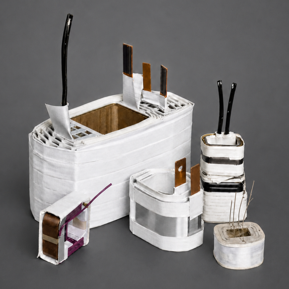 Coils wrapped in white insulating tape, with copper terminals and lead wires