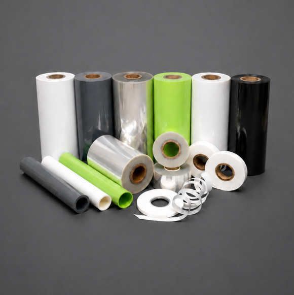 Large and small film rolls in white, gray, green, black and transparent