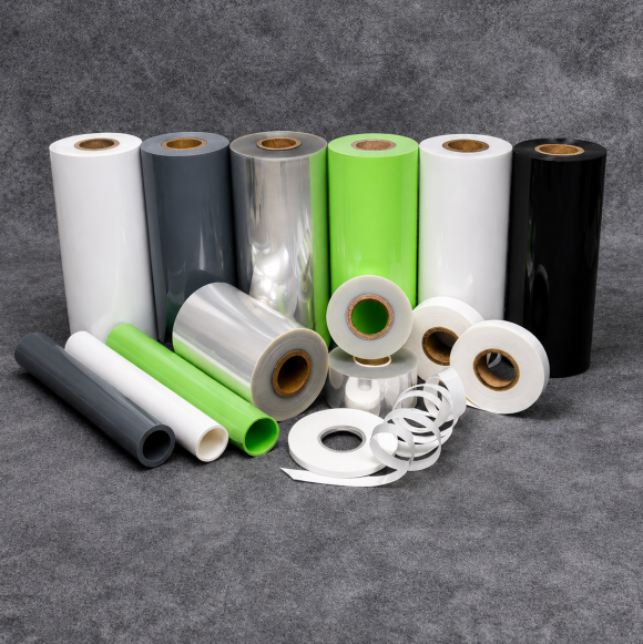 Large and small film rolls in white, gray, green, black and transparent