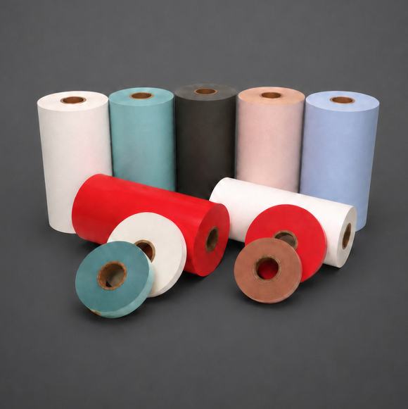 Rolls of flexible laminate in white, mint, gray, pink, light blue, red and turquoise
