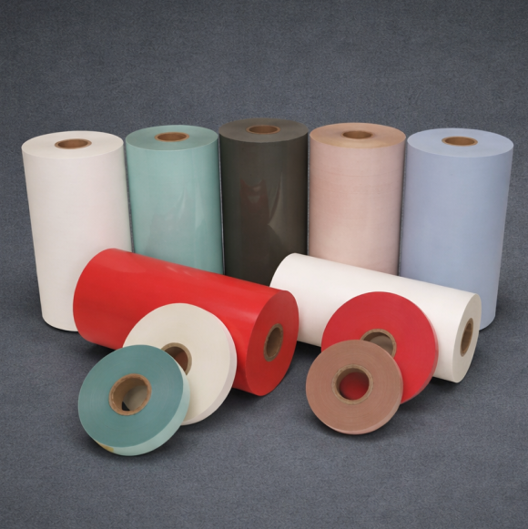 Rolls of flexible laminate in white, mint, gray, pink, light blue, red and turquoise