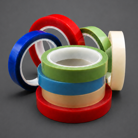 Stacked rolls of electrical adhesive tape in red, blue, green, beige and white