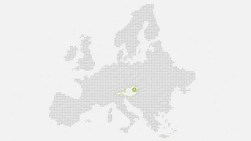 Dotted map of Europe with Austria highlighted in green and a marker for the Leobersdorf site