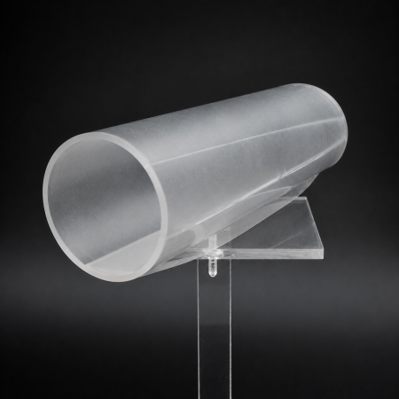 D262-100L1D Siliconized PET - transparent siliconized PET release film rolled into a tube on a clear display stand.