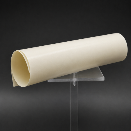 Ceramosite&trade; TFT5 - a cream-colored rolled sheet of flexible electrical insulation laminate on a clear display stand.
