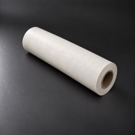 Large roll of cream-colored Nomex 410 insulation paper positioned near the center on a dark gray surface.