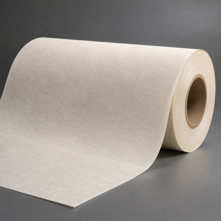 Roll of cream-colored Nomex 411 insulation paper with a wide sheet unrolled across a gray surface.