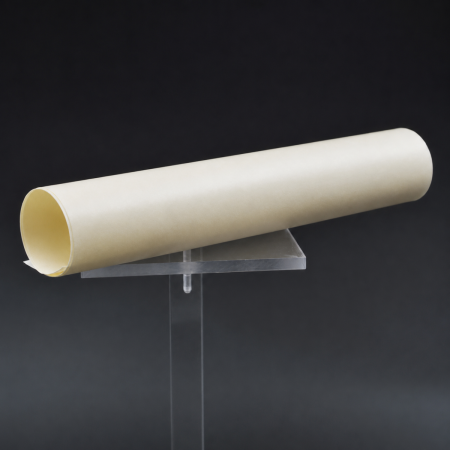 3M&trade; TufQUIN 120 - a cream-colored roll of electrical insulation paper on a clear display stand.