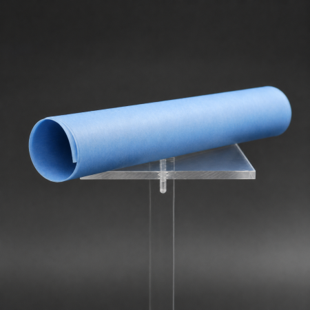Polysite&trade; 6643 DMD - a blue rolled sheet of flexible electrical insulation laminate on a clear display stand.