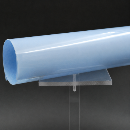 Polysite&trade; 6644T DM - a light-blue rolled sheet of flexible electrical insulation laminate on a clear display stand.