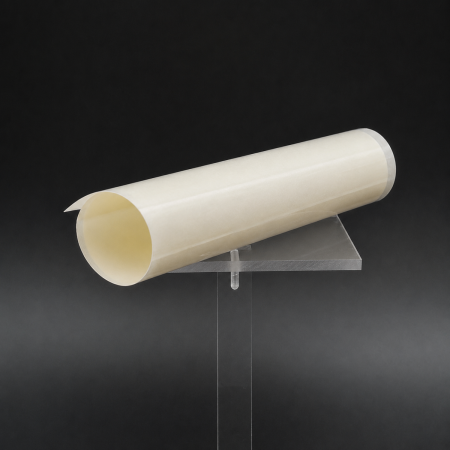 Ceramosite&trade; TF5 - a cream-colored rolled sheet of flexible electrical insulation laminate on a clear display stand.