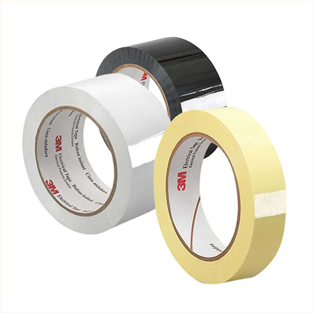 3M&trade; Polyester Film Electrical Tapes 1350F-1 and 1350F-2 &ndash; three rolls in black, white and yellow.