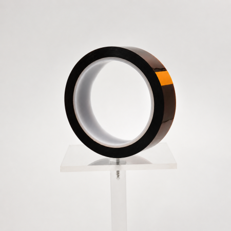 Atsite&trade; 201-2538 - a black-and-amber roll of polyimide adhesive tape on a clear display stand.